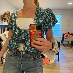 Green Flower Tie Blouse